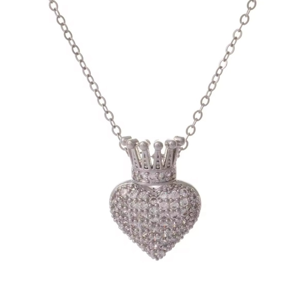 18K White Gold Heart & Crown Pendant Necklace With Pave Diamond Inlay - Picture 3 of 5